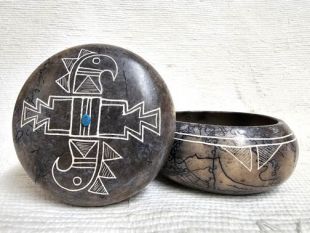 Native American Made Ceramic Horsehair Round Jewelry Box with Eagle
