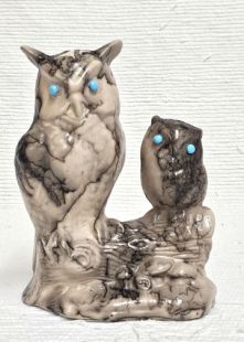 Native American Made Ceramic Horsehair Owl Pair on a Log