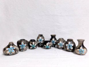 Native American Made Ceramic Horsehair Small Pots with Turquoise