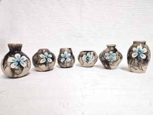 Native American Made Ceramic Horsehair Small Pots with Turquoise