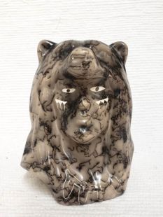 Native American Made Ceramic Horsehair Chief's Head with Wolf or Bear - Small Chief's Head with Bear