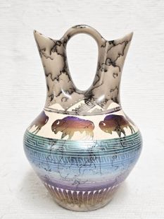 Native American Navajo Fine Etched Horsehair Wedding Vase with Buffalo