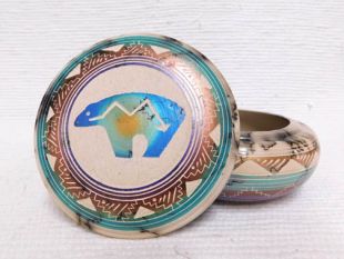 Native American Navajo Made Ceramic Fine Etched Horsehair Jewelry Box with Bear