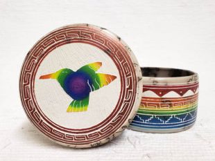 Native American Navajo Made Ceramic Fine Etched Horsehair Jewelry Box with Hummingbird