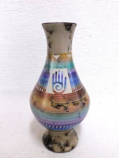 Native American Navajo Made Ceramic Fine Etched Horsehair Vase with Healing Hand