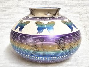Native American Navajo Made Ceramic Fine Etched Horsehair Pot with Butterflies