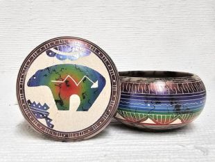 Native American Navajo Made Ceramic Fine Etched Horsehair Jewelry Box with Bear