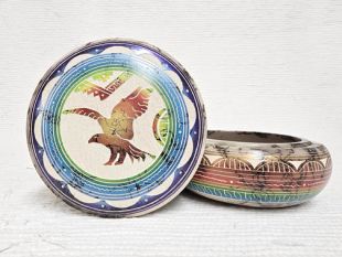 Native American Navajo Made Ceramic Fine Etched Horsehair Jewelry Box with Eagle
