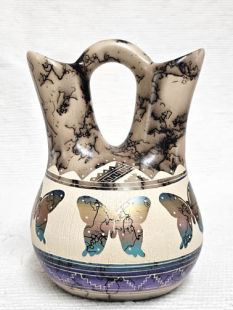 Native American Navajo Fine Etched Horsehair Wedding Vase with Butterflies
