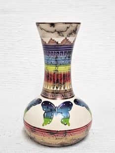 Native American Navajo Made Ceramic Fine Etched Horsehair Vase with Butterflies