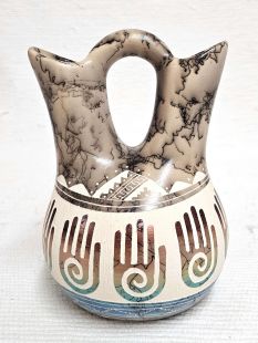 Native American Navajo Fine Etched Horsehair Wedding Vase with Healing Hands