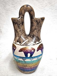 Native American Navajo Fine Etched Horsehair Wedding Vase with Bears
