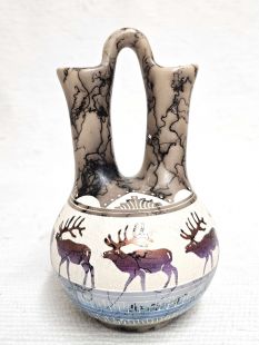 Native American Navajo Fine Etched Horsehair Wedding Vase with Elk