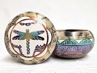 Native American Navajo Made Ceramic Fine Etched Horsehair Jewelry Box with Dragonfly