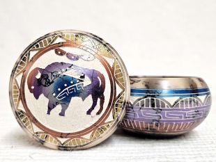 Native American Navajo Made Ceramic Fine Etched Horsehair Jewelry Box with Buffalo
