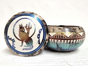 Native American Navajo Made Ceramic Fine Etched Horsehair Jewelry Box with Howling Coyote