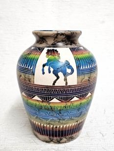 Native American Navajo Made Ceramic Fine Etched Horsehair Pot with Horse