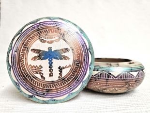 Native American Navajo Made Ceramic Fine Etched Horsehair Jewelry Box with Dragonfly