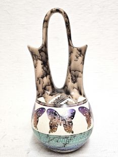 Native American Navajo Fine Etched Horsehair Wedding Vase with Butterflies