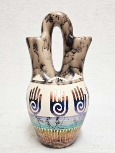 Native American Navajo Fine Etched Horsehair Wedding Vase with Healing Hands