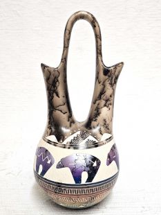 Native American Navajo Fine Etched Horsehair Wedding Vase with Bears