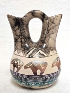 Native American Navajo Fine Etched Horsehair Wedding Vase with Bears