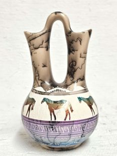 Native American Navajo Fine Etched Horsehair Wedding Vase with Horses