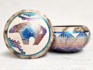 Native American Navajo Made Ceramic Fine Etched Horsehair Jewelry Box with Bear