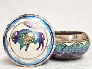 Native American Navajo Made Ceramic Fine Etched Horsehair Jewelry Box with Buffalo