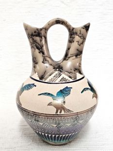 Native American Navajo Fine Etched Horsehair Wedding Vase with Eagles