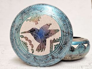 Native American Navajo Made Ceramic Fine Etched Horsehair Jewelry Box with Hummingbird
