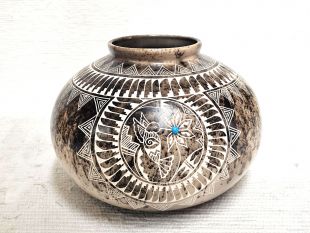 Native American Acoma Fine Etched Horsehair Pot with Hummingbird