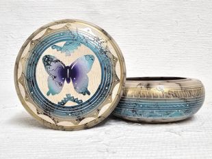 Native American Navajo Made Ceramic Fine Etched Horsehair Jewelry Box with Butterfly