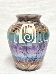 Native American Navajo Made Ceramic Fine Etched Horsehair Pot with Healing Hand