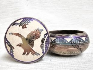 Native American Navajo Made Ceramic Fine Etched Horsehair Jewelry Box with Eagle