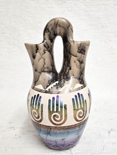 Native American Navajo Fine Etched Horsehair Wedding Vase with Healing Hands