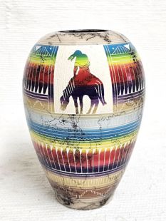 Native American Navajo Made Ceramic Fine Etched Horsehair Vase with End of the Trail