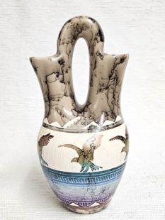 Native American Navajo Fine Etched Horsehair Wedding Vase with Eagles