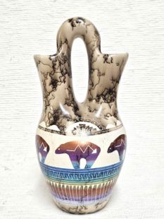 Native American Navajo Fine Etched Horsehair Wedding Vase with Bears