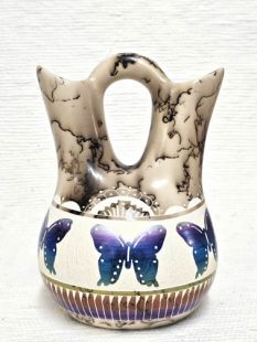 Native American Navajo Fine Etched Horsehair Wedding Vase with Butterflies