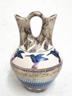 Native American Navajo Fine Etched Horsehair Wedding Vase with Hummingbirds