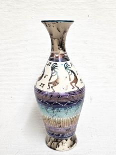 Native American Navajo Made Ceramic Fine Etched Horsehair Vase with Kokopelli
