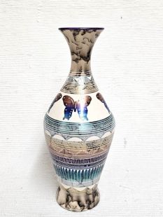 Native American Navajo Made Ceramic Fine Etched Horsehair Vase with Butterflies