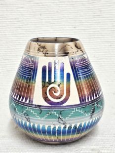Native American Navajo Made Ceramic Fine Etched Horsehair Pot with Healing Hand