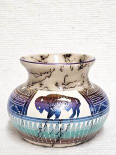 Native American Navajo Made Ceramic Fine Etched Horsehair Pot with Buffalo