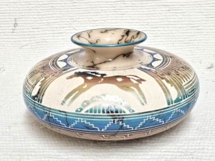 Native American Navajo Made Ceramic Fine Etched Horsehair  Pot with Horse