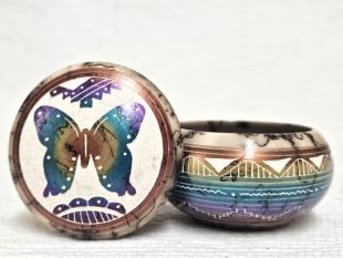 Native American Navajo Made Ceramic Fine Etched Horsehair Jewelry Box with Butterfly