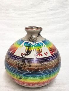 Native American Navajo Made Ceramic Fine Etched Horsehair Pot with Butterfly