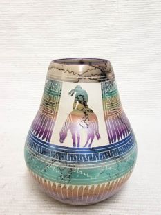 Native American Navajo Made Ceramic Fine Etched Horsehair Vase with End of the Trail