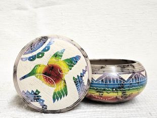 Native American Navajo Made Ceramic Fine Etched Horsehair Jewelry Box with Hummingbird